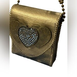 LeatherRock USA Gold Metallic Leather Rhinestone Heart Mini Phone Crossbody Boho